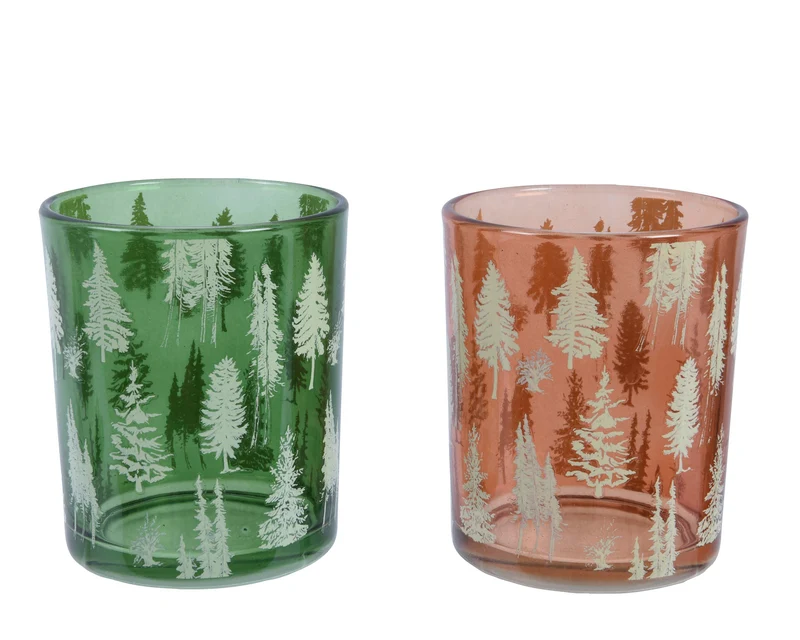 Theelichthouder glas ''bomen'' 2 kleur assortie D7 H8,3cm