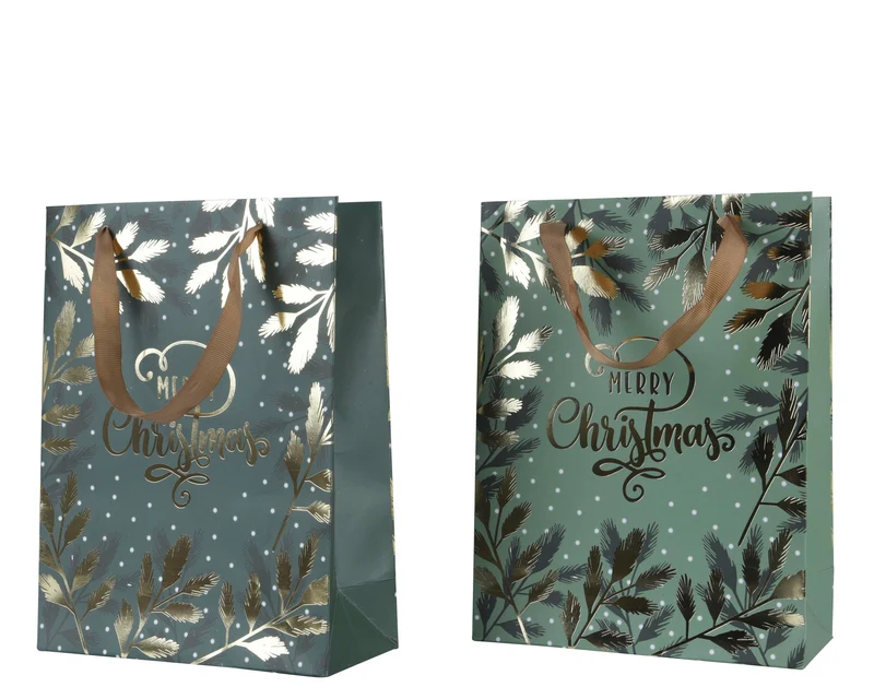 Giftbag papier met handvat 2 ass. groen/goud 30x12x42cm