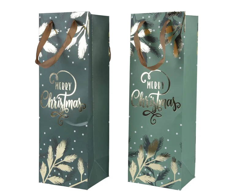 Giftbag papier met handvat 2 ass. groen/goud 12x10x36cm
