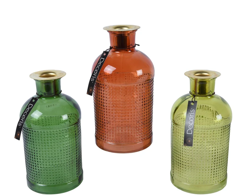 Fles glas met kandelaar 3 assortie kleur D8 H16cm