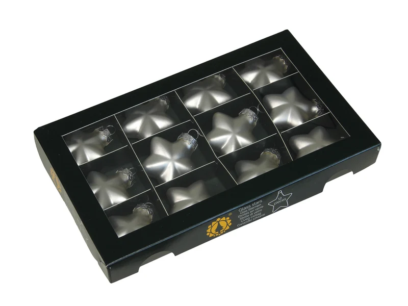 w/b. 12 glass stars/cap silver mat 40 mm
