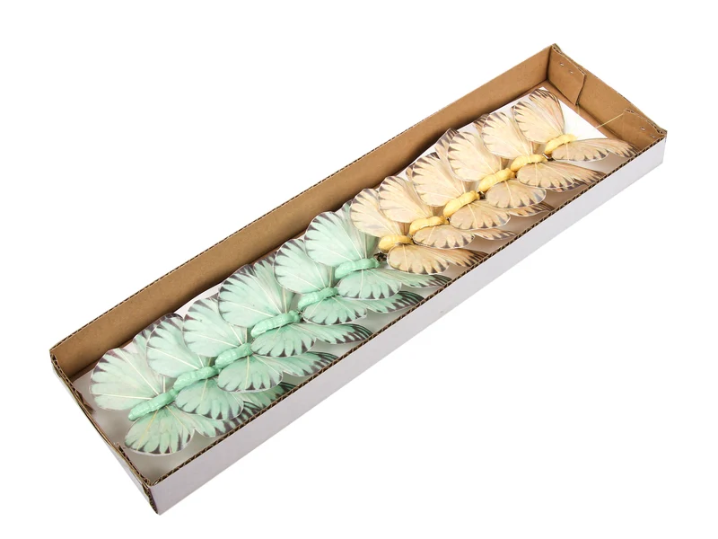 w/b. 12 butterflies/clip green/yellow 8,5x7 cm