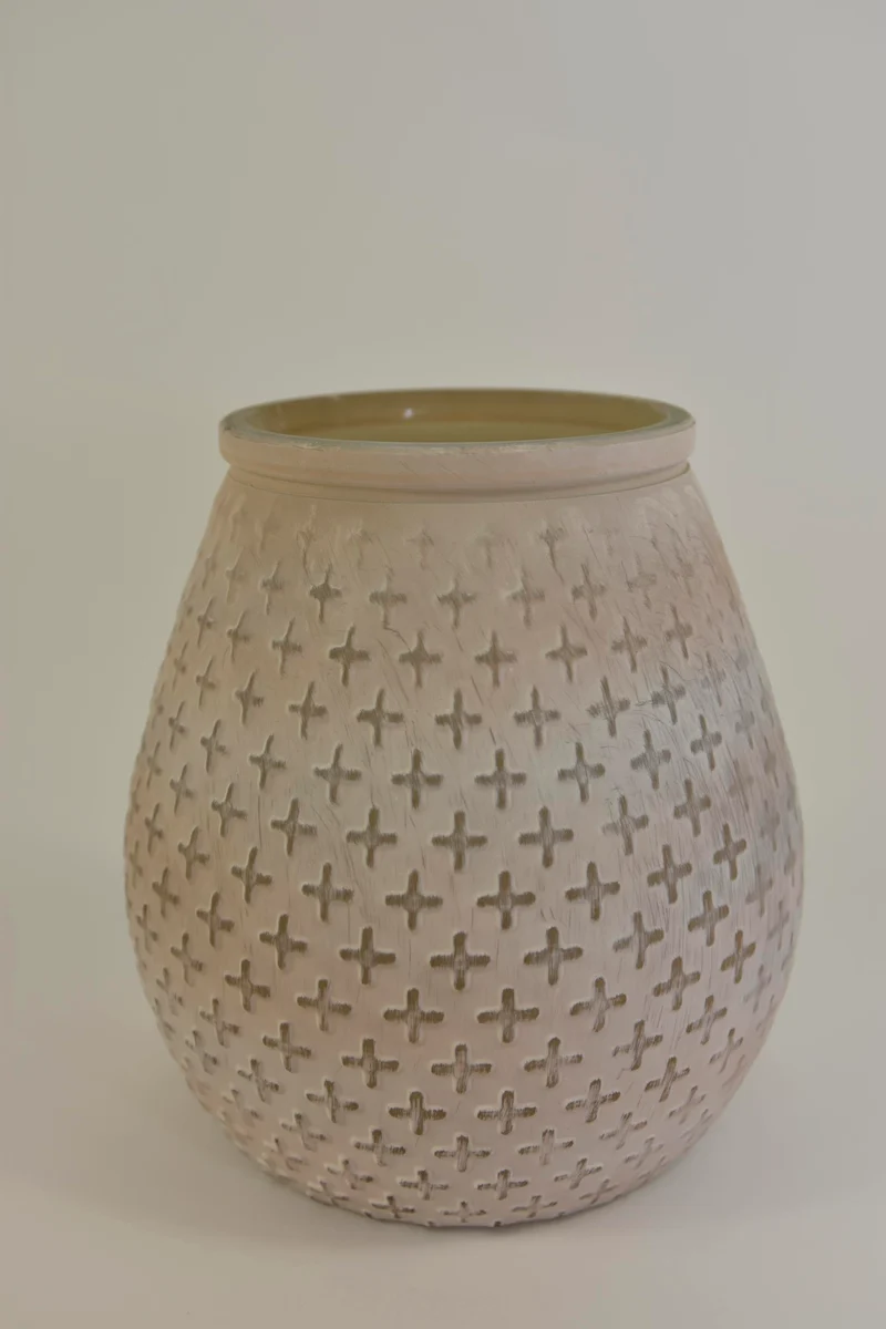 Windlicht glas "Cross" dia18x19cm wit/zand