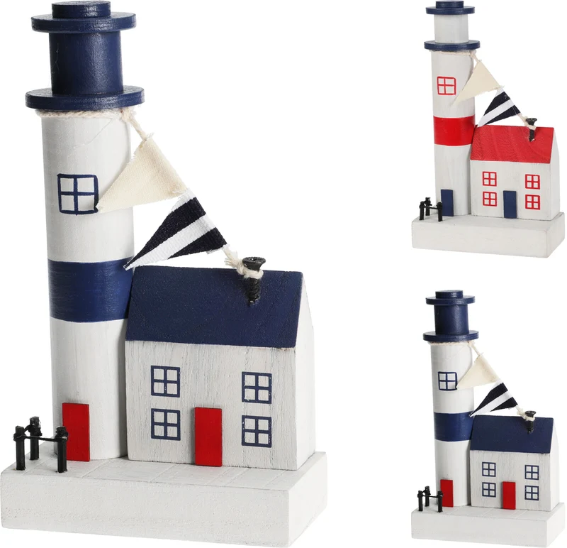 VUURTOREN MET HUIS HOUT 10X17CM 2 ASSORTIE