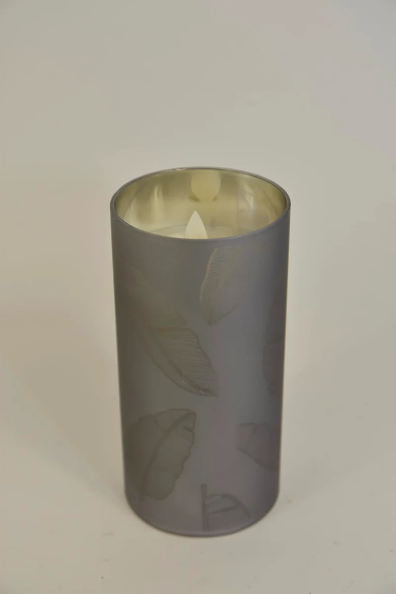 LED kaars in glas blad 15cm zilver (excl. 3xAAA batterij)