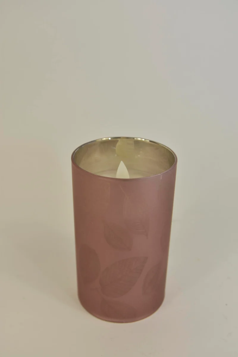 LED kaars in glas blad 12,5cm roze (excl. 3xAAA batterij)