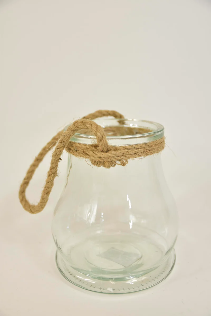 Windlicht glas ''tulp'' met jute touw D11,5/15 H18cm