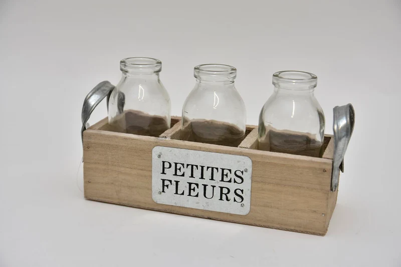 Tray grijs met 3 flesjes ''petites fleurs'' 18,5x6,7x10cm