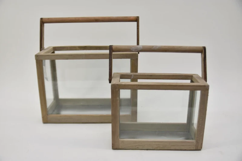 Set/2 lantaarn hout grijs met handvat 23x10,5x17,5 / 30x15x22cm