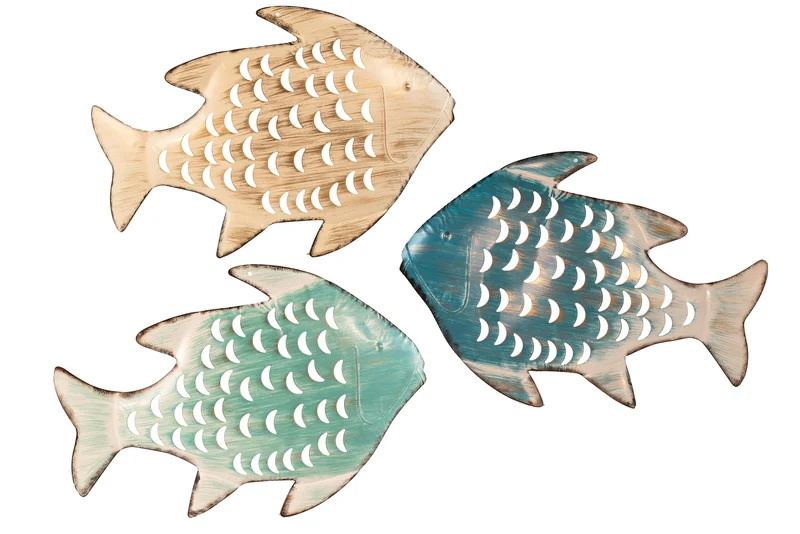 WANDDECO VISSEN METAAL 45X30/38CM 3 ASSORTIE
