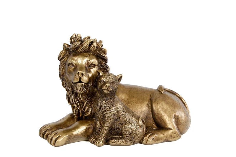 Sculptuur "Lion with cub" goud polystone 13x9x15cm