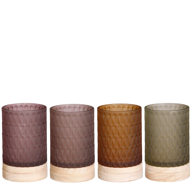 Theelicht houder op houten voet perzik bruin l.bruin grijs 4 assortie h14xd8,5cm
