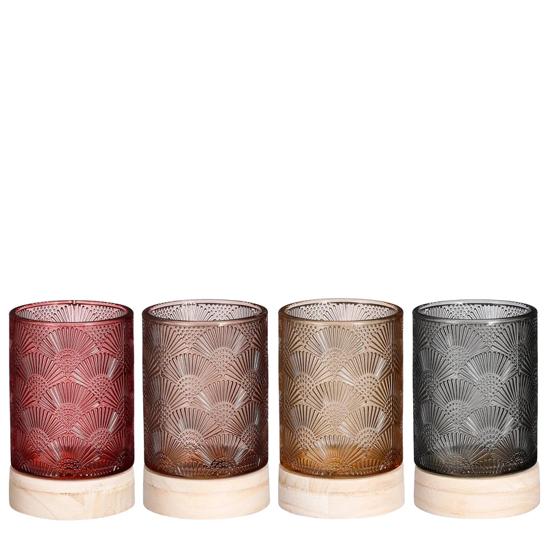 Theelicht houder op houten voet l.bruin dgeel groen dbruin 4 assortie h14xd8,5cm