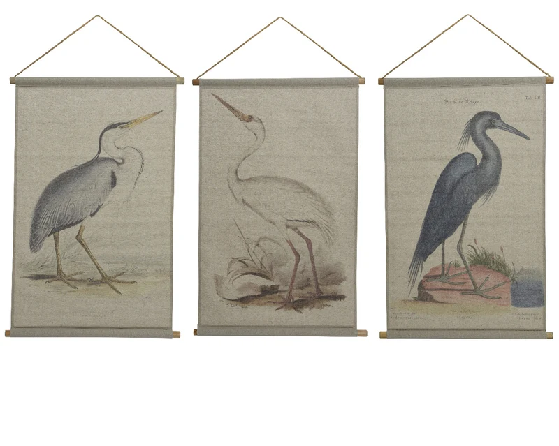 Wall deco fabric antique birds 3 assorted 2,5x64x95cm