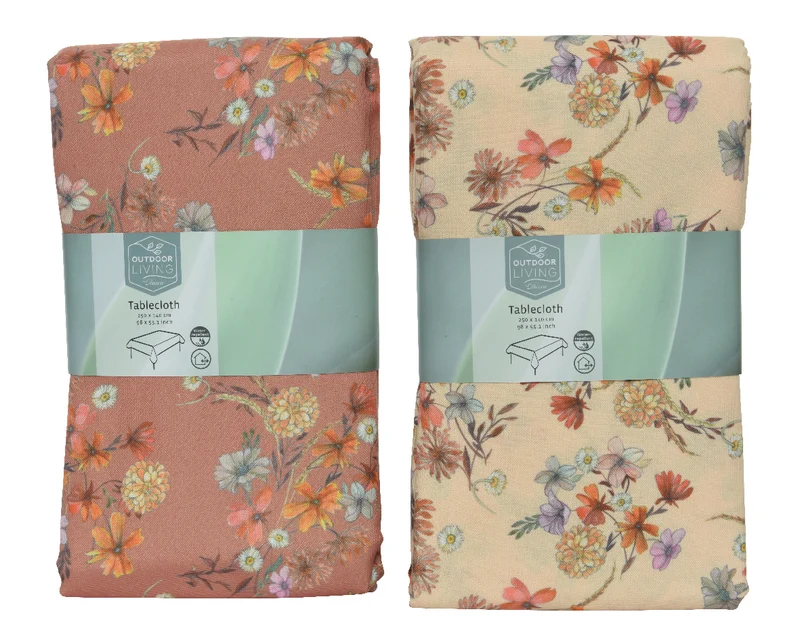 Tablecloth polyester oblong flowers 2col assorted outdoor 140x250cm