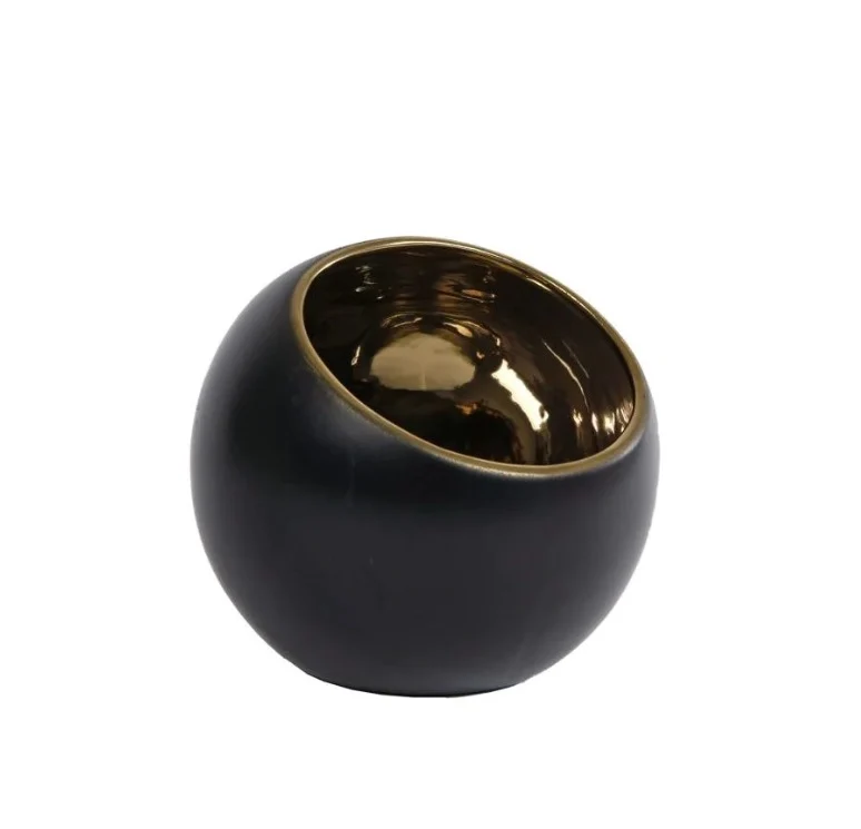 Theelichth "Pia" M goud/zwart aardew 12,5x12,5x12cm