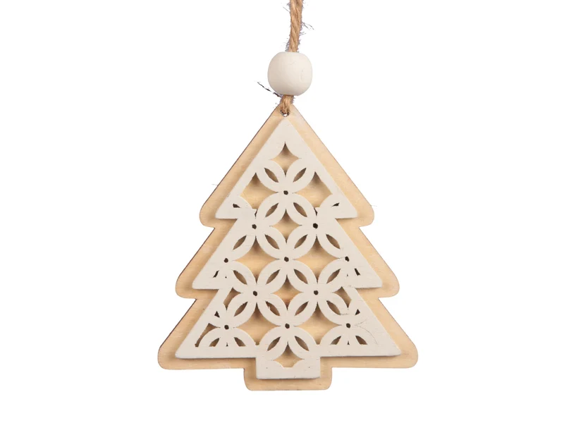 Zakje á 8 wooden trees/hanging natural/white 10cm