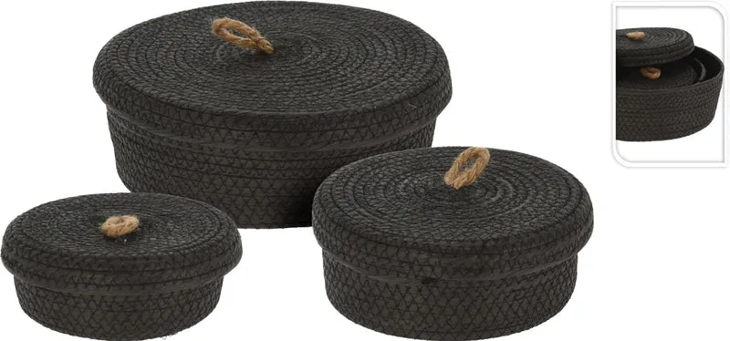 SET/3 MAND PAPIER ZWART MET DEKSEL D26/22/17 H9/8/7CM