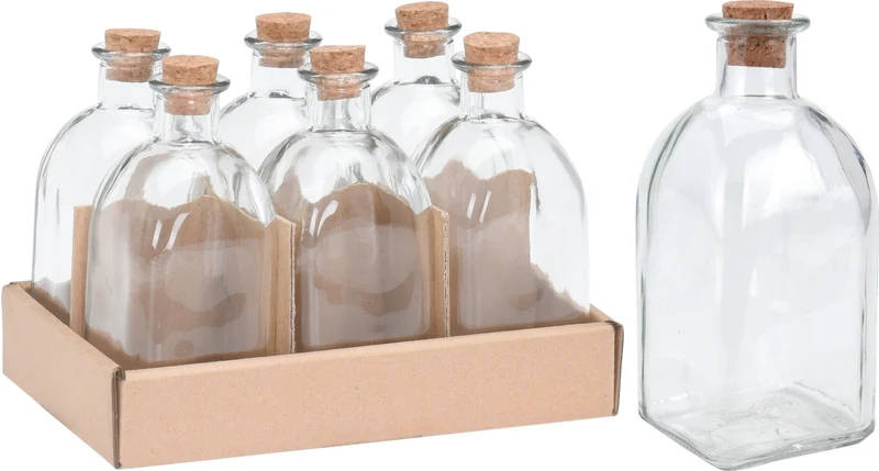 Pak á 6 fles glas vierkant 250ML met kurk 6x6x13,5cm