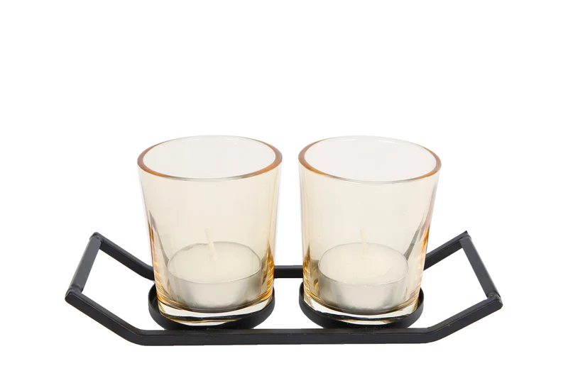 Theelichth "Rik" 2x M zwart/goud metaal/glas 16,5x6,5x7cm