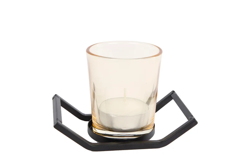 Theelichth "Rik" 1x S zwart/goud metaal/glas 10x6,5x7cm