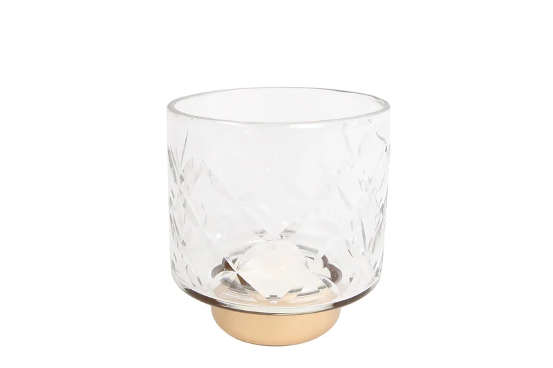 Theelichth "Ria" S helder/goud facet glas/metaal 3x3x3,5cm