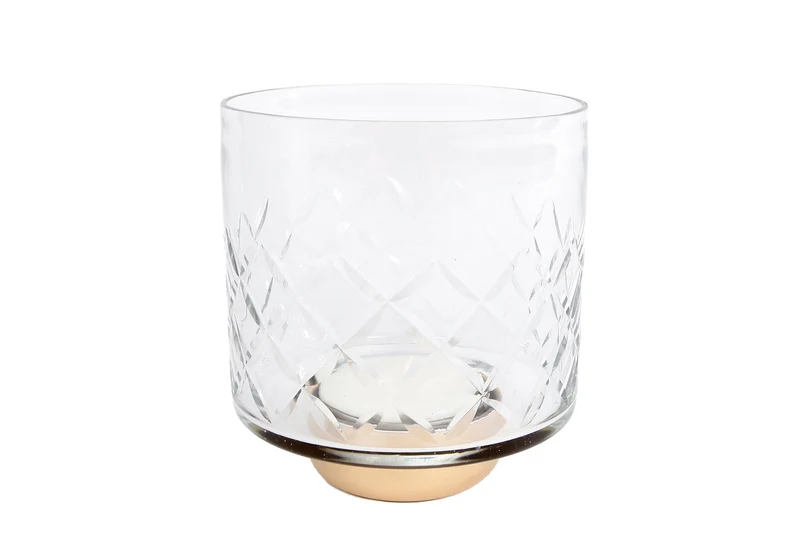 Theelichth "Ria" L helder/goud facet glas/metaal 4,5x4,5x5cm