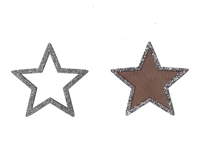 pb. 12 wooden stars w/glitter silver 6 cm