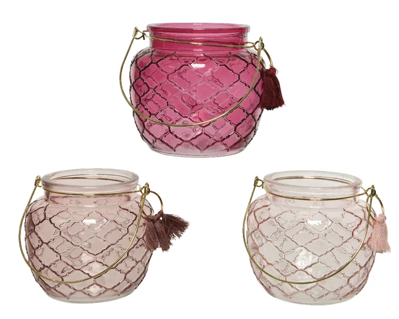 Tealightholder glass, tassel hanger, relief D11,5 H10cm 3 colors assorted