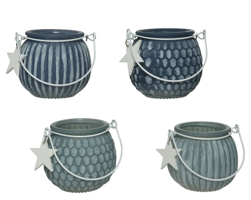 Tealightholder glass with wooden star hanger 4 assorted dia8 h7cm