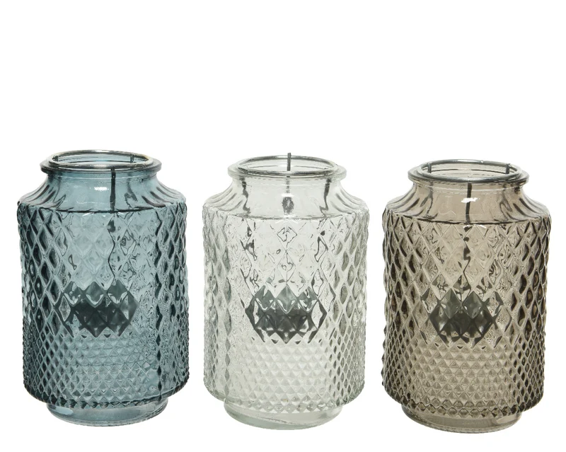 Tealightholder glass relief 3 colors assorted dia9.50 H14.50cm