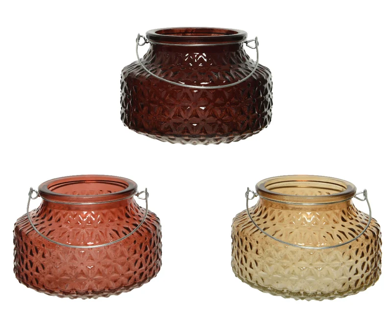Tealightholder glass relief 3 colors assorted dia12.90 H8.70cm