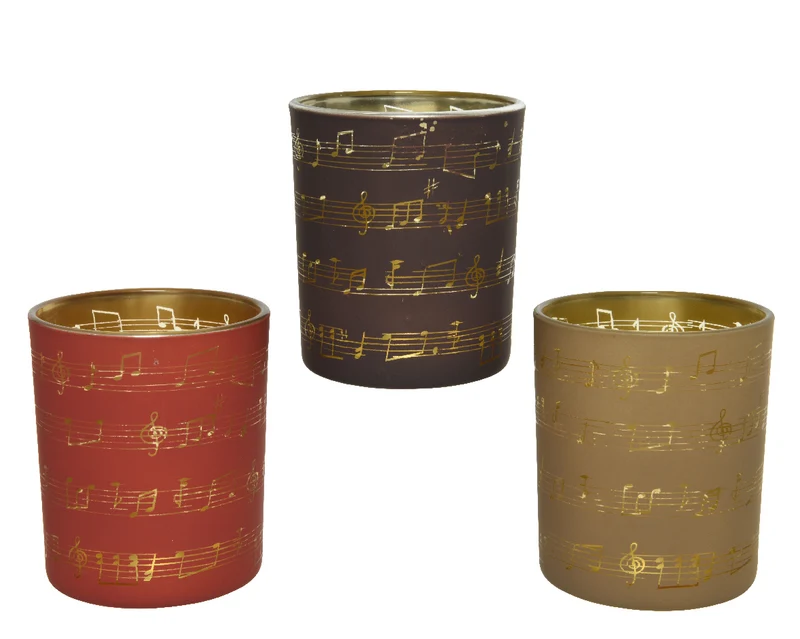Tealightholder glass matt laser musical notes D7 H8,3cm 3 colors assorted