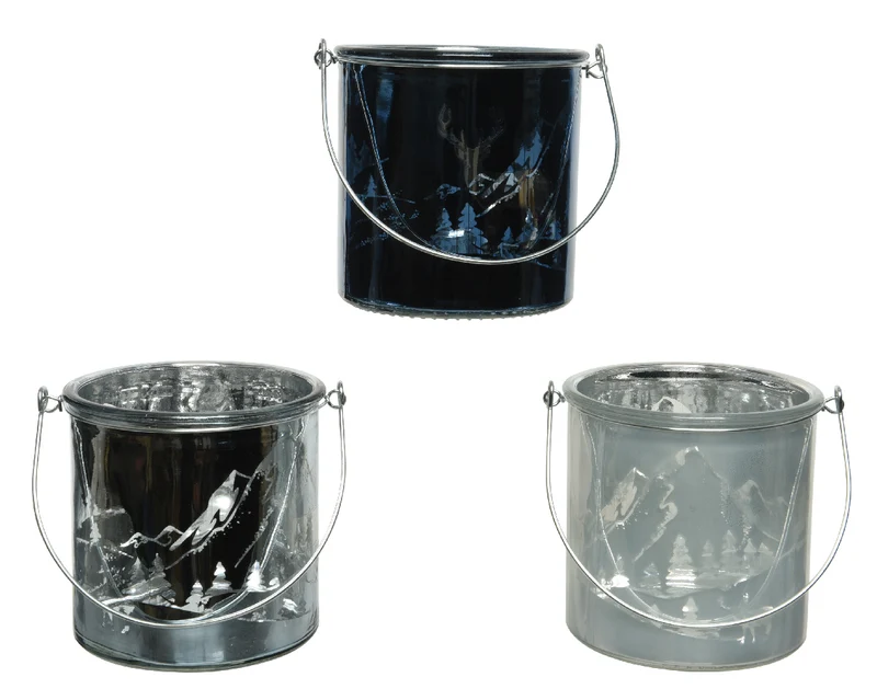 Hurricane glass shiny with deer, with metal handle D12 H12cm 3 kleuren assortie