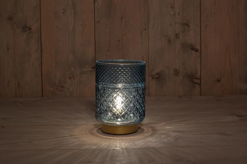 B.O. GLAZEN LAMP BLAUW MET GOUDEN VOET 12X17,5CM - 2XAAA
