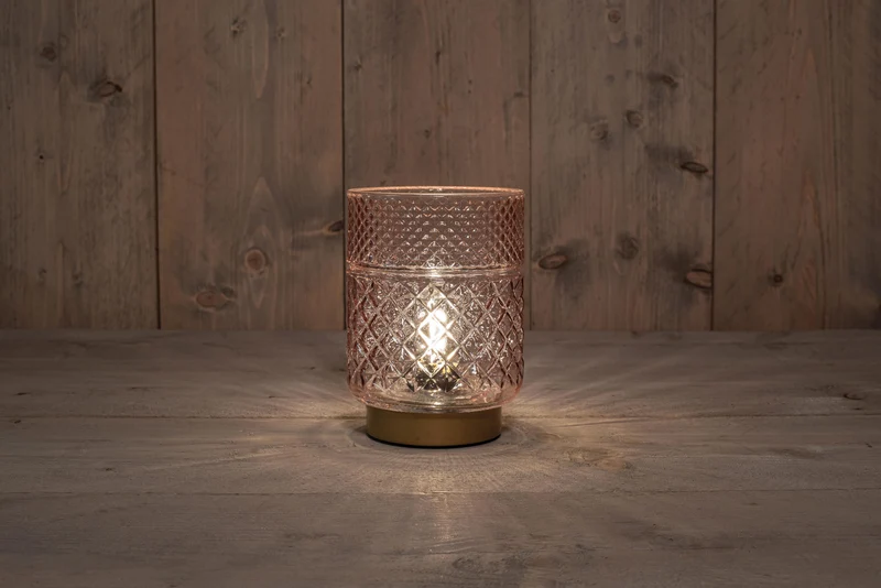 B.O. GLAZEN LAMP ROZE MET GOUDEN VOET 12X17,5CM - 2XAAA