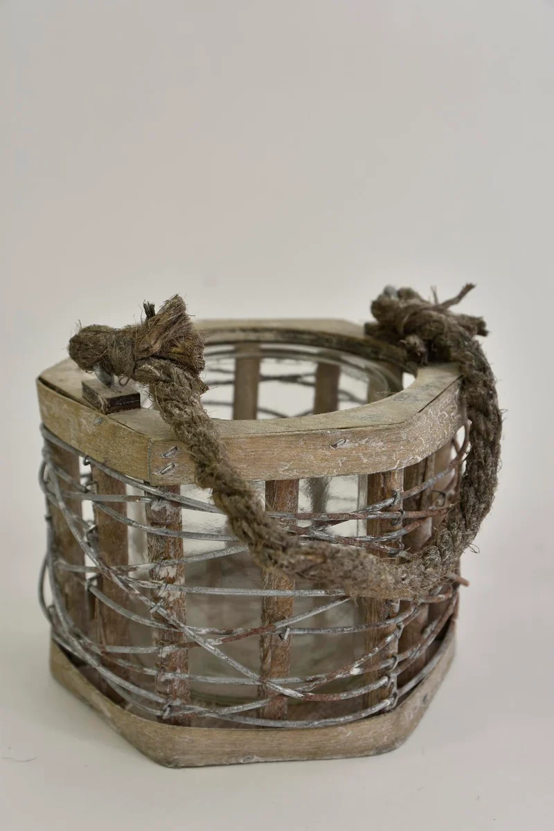 Lantaarn Six metaaldraad grey-wash met hengsel 15x14x11cm