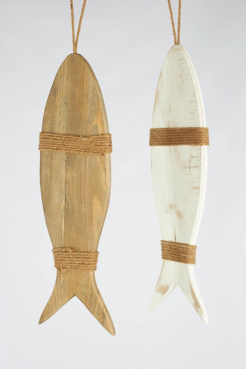 Hanging fish historic wood 58x16.5x1.5cm Natural/White Mixed