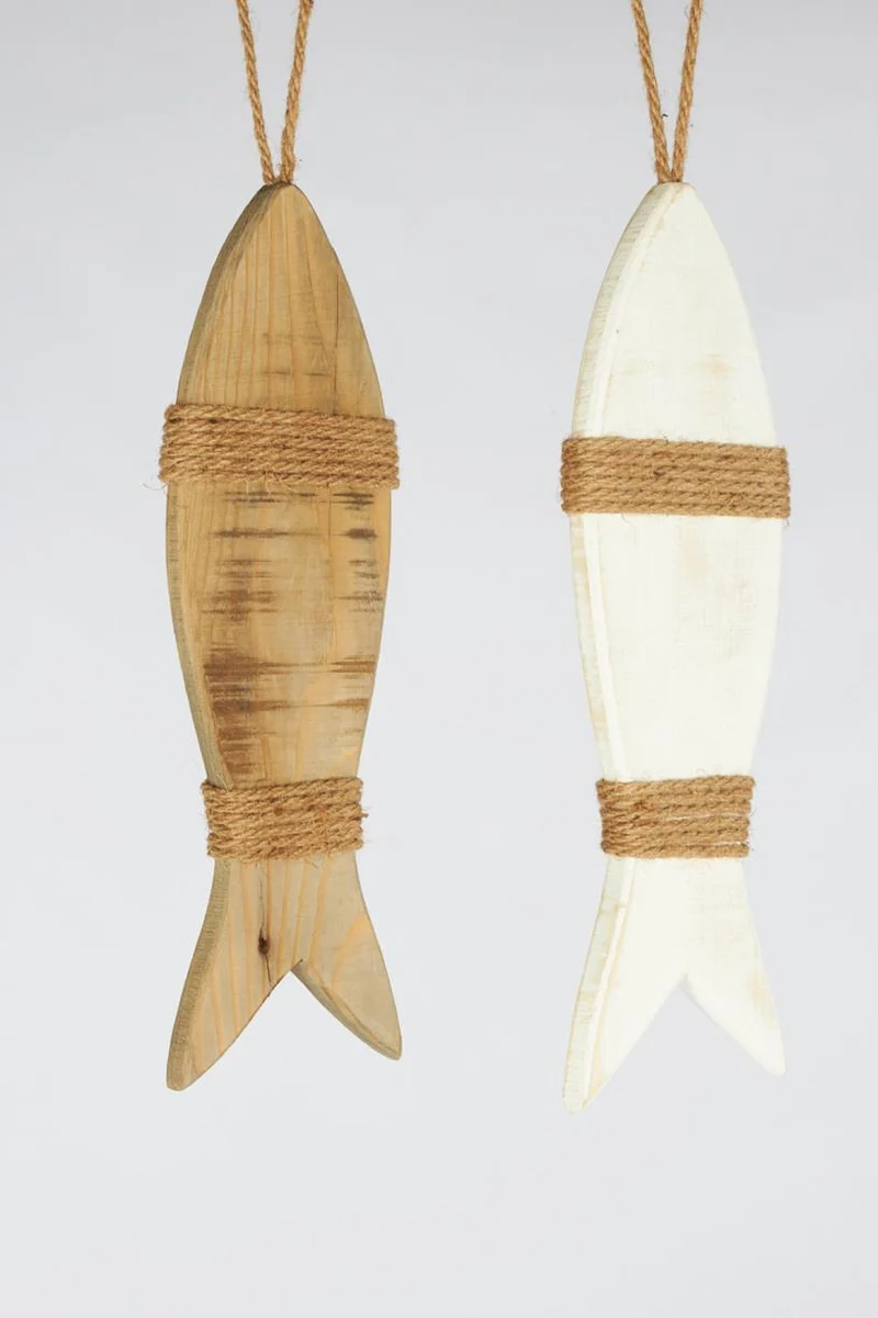 Hanging fish historic wood 38x12x1.5cm Natural/White Mixed