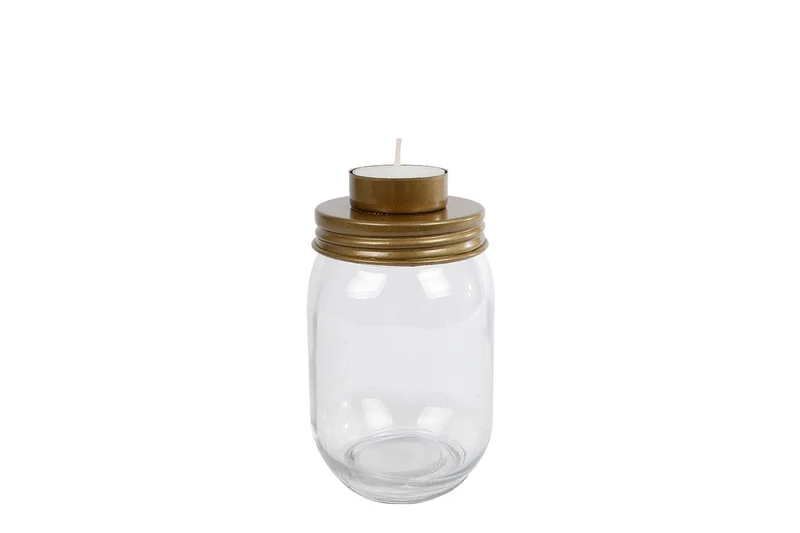 Theelichthouder "Yanika" S helder/goud metaal 8x8x14,5cm (exclusief kaars)