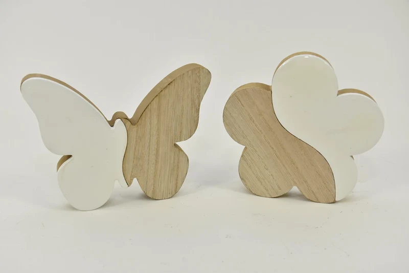 Wooden Flower/Butterfly 2 ass. 13x2x14cm Natural/white