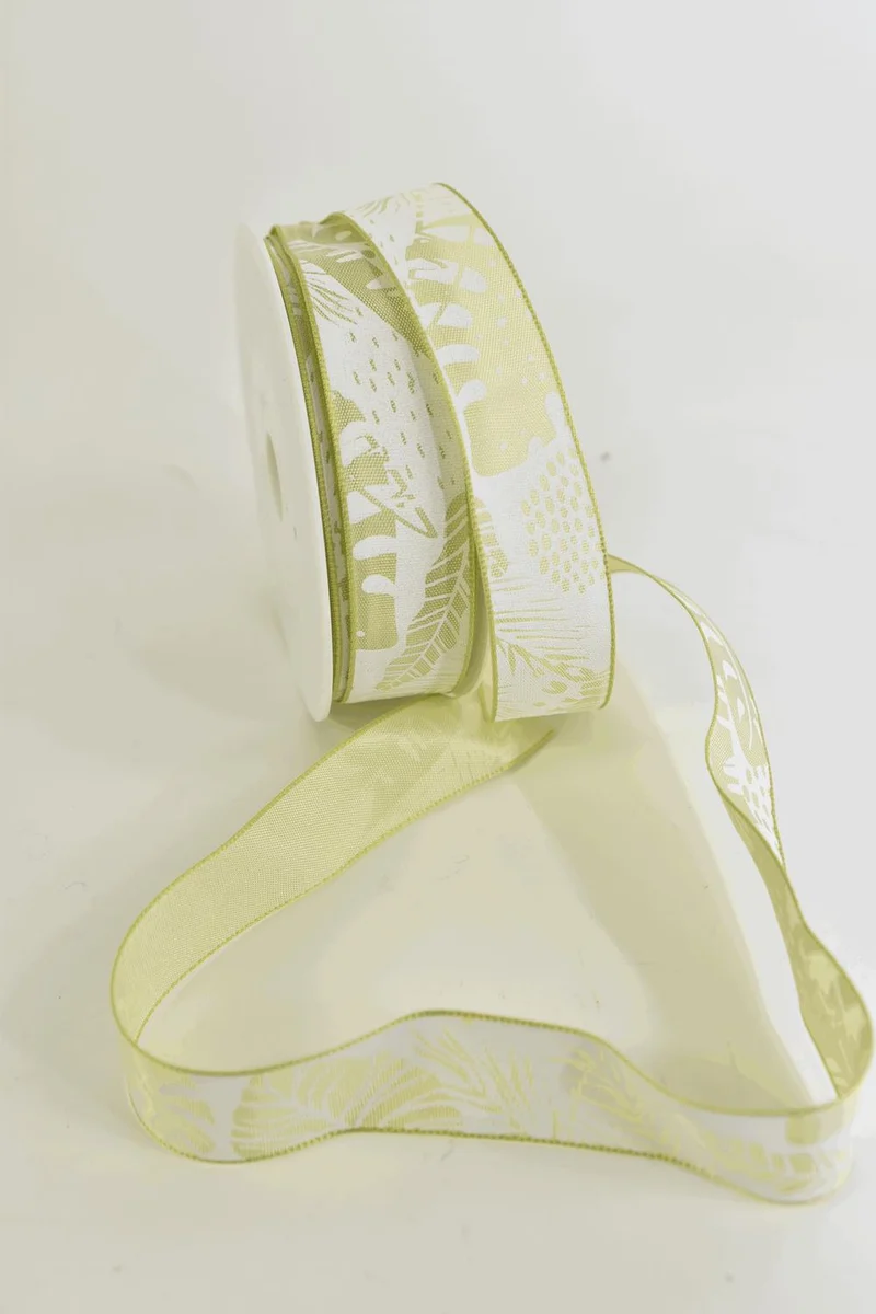 Satijnlint met opdruk bladeren 25mm 20mtr licht groen/wit