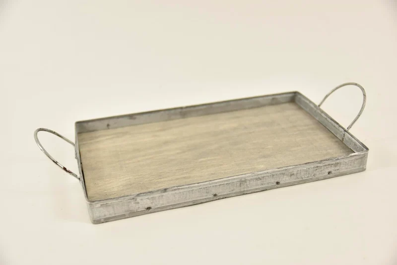 Dienblad rechthoek zink/hout met oren 26x15,5x2/5,5cm grey-wash