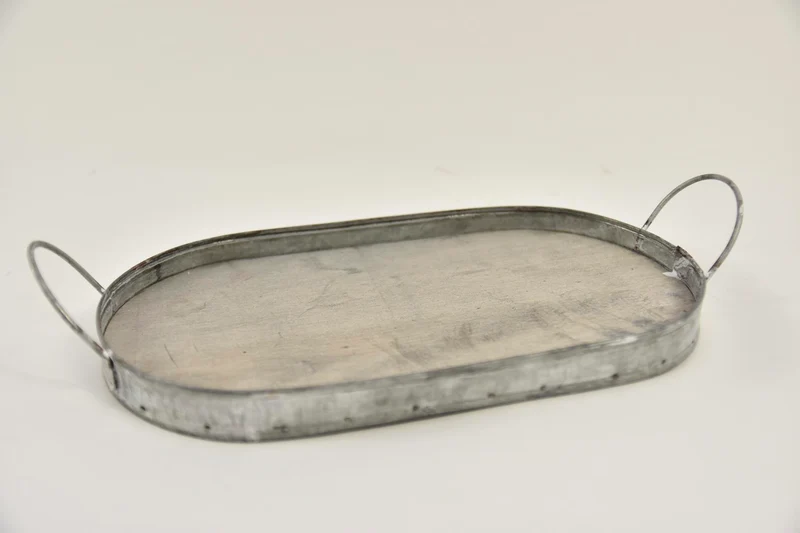 Dienblad ovaal zink/hout met oren 27,5x16x2/5,5cm grey-wash