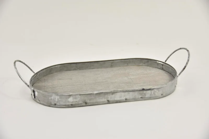 Dienblad ovaal zink/hout met oren 24,5x13x2/5,5cm grey-wash