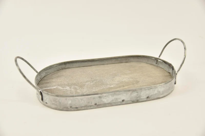 Dienblad ovaal zink/hout met oren 20x10,5x2/5,5cm grey-wash