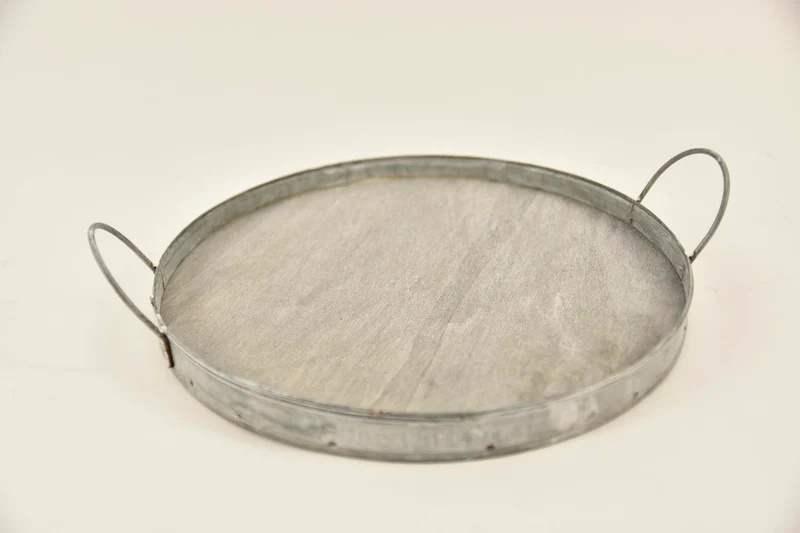 Dienblad rond zink/hout met oren D24,5 H2/6cm grey-wash