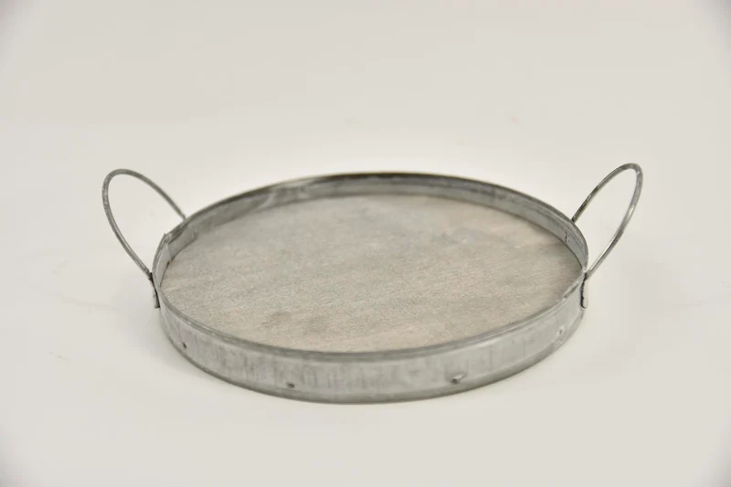Dienblad rond zink/hout met oren D19,5 H2/5,5cm grey-wash