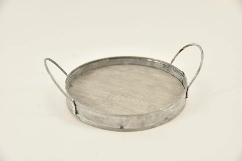 Dienblad rond zink/hout met oren D14,5 H2/5cm grey-wash