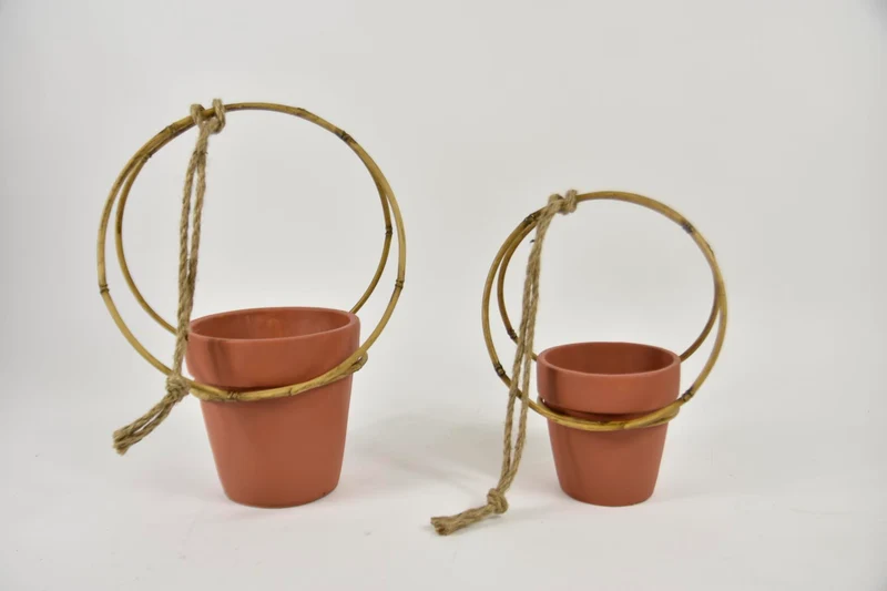 Hanging Flower Pot, Metal Bamboo S/2 36cm Natural/terracott